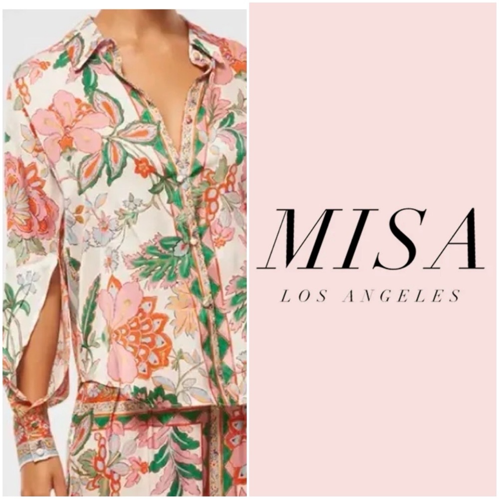 NWT $290 MISA Los Angeles Roya Top Casablanca Print Button Down Shirt XS